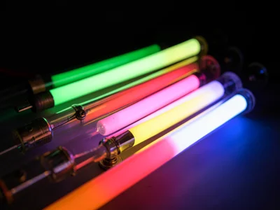 Close-up of phosphor-coated tubes: the different colors achievable — green, pink
