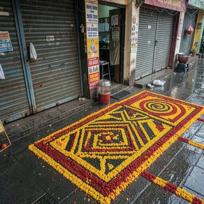 Looking down at Chennai's overlooked patterns, Kolam in front of closed shop shu