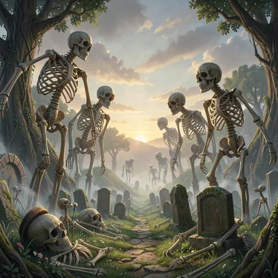 Fantasy environment illustration, a giant's graveyard with massive skeletons bec