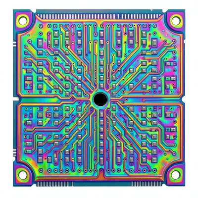 Chip defect: void in metal layer creating dark gap in otherwise perfect circuit 