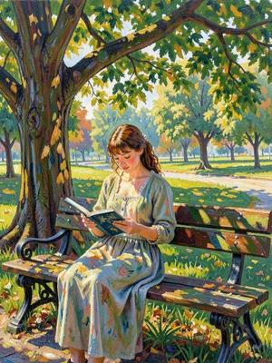 Woman reading on a park bench, dappled plane-tree light breaking across the page