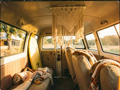 VW van interior with surfboard at golden hour