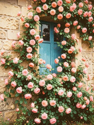 Climbing roses covering an entire stone wall in shades of pink and coral with a 