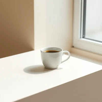 Minimalist photography of a single white coffee cup centered on a clean matte surface, soft natural window light, subtle