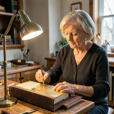 A focused white rare-book conservator in her forties laying gold leaf on a bindi