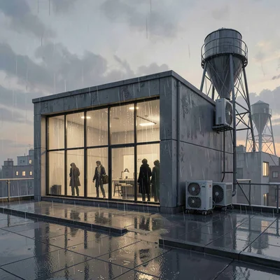 Storefront window of a licensing agency at evening, silhouettes inside, rain on 