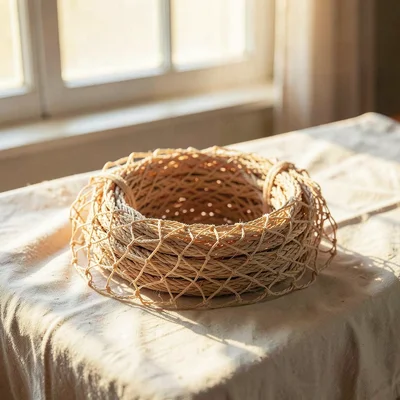 Warm product hero of a finished cast net coiled on cream linen, butter window li
