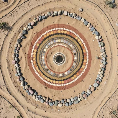 Desert seed pods in a circle on sandy ground, outer ring of pebbles, top-down fl