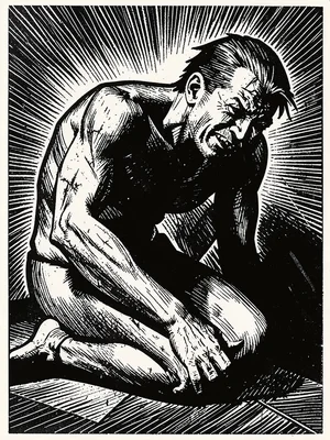 Kneeling figure in anguish, body distorted by sharp diagonal gouges