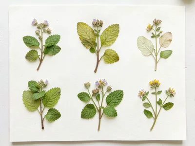 A herbarium collection: six pressed specimens of different mint family plants, a