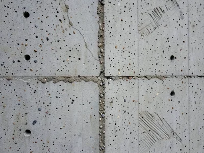 Precast concrete panel with circular bolt holes at corners and seam line running