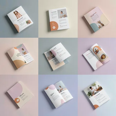 A 4x3 grid of abstract menu-cover mockups in a soft palette, menus slightly tilt