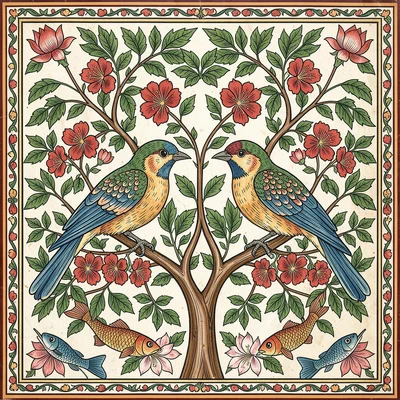 Two parrots on a flowering branch — symmetrical mirror pose, dense leaf clusters