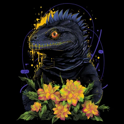Black tee design detail stern EcoGodzilla hugging cur