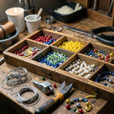 Jewelry makers bench with beads sorted into compartments overflowing, wire coils