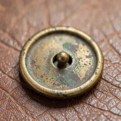 close-up of a tarnished brass button with patina, tactile texture