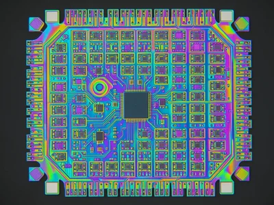 CPU die macro showing repeating core units, identical processing blocks tiled ac