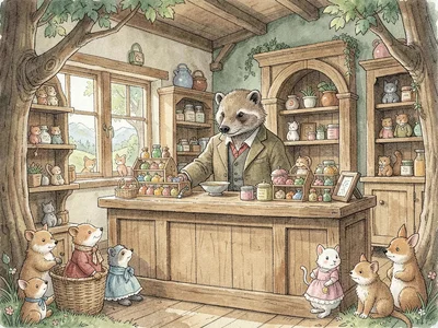 Badger shopkeeper at counter