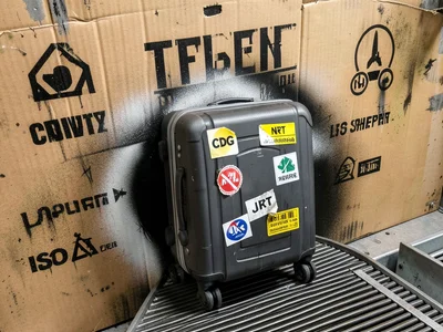 An airport luggage conveyor belt with a single hard-shell suitcase, covered in r