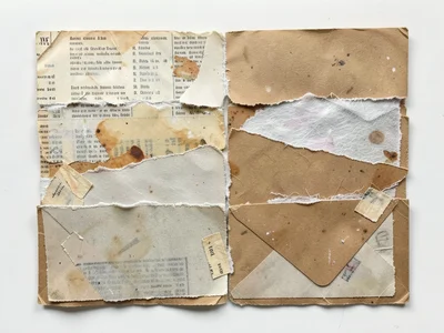 Layered torn paper collage of old magazine pages and kraft envelope fragments, r