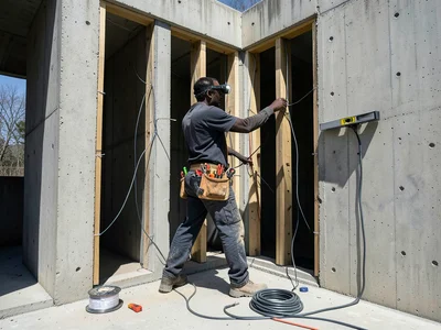 An electrician in a newly framed house running wire through drilled studs, their