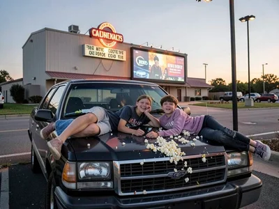 Teenagers sprawled on station wagon hood watching drive-in movie, popcorn scatte