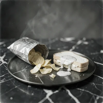 Bag of potato chips torn open and spilling across dark marble beside a half-melt