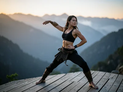 Woman in warrior pose on a wooden deck overlooking misty mountains at dawn