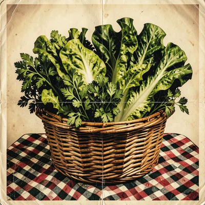 Basket of mixed spring greens, lettuces, and herbs on checkered cloth