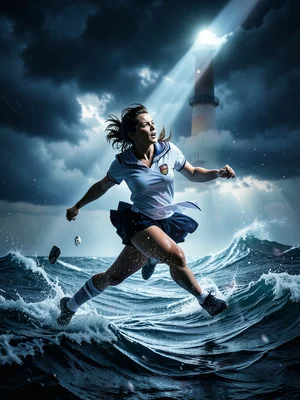 Sailor silhouette filled with stormy sea and lighthouse beam, double exposure