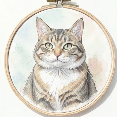 Cat photo where fur becomes visible thread texture, embroidery hoop visible at e