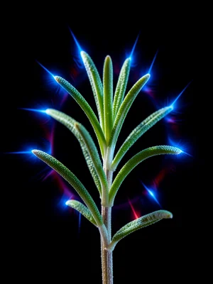 A sprig of fresh rosemary, blue plasma fringe along each needle tip