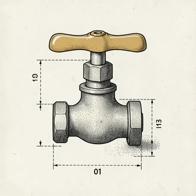 Detail drawing of a small water valve sits hand-stippled with measurement dotted