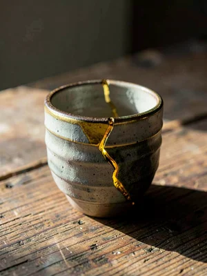 Single repaired sake cup on aged wood — gold rim crack highlighted by window lig