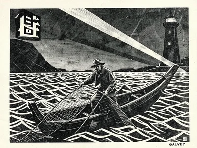 A fisherman hauling a net from a currach off the Galway coast, waves stylized in