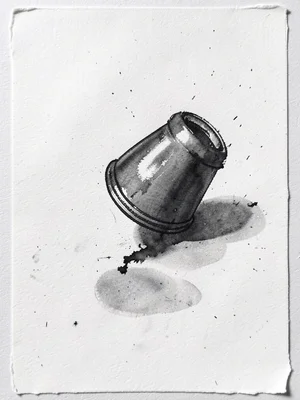 Monoprint of single cap tossed in air, motion captured in ink transfer