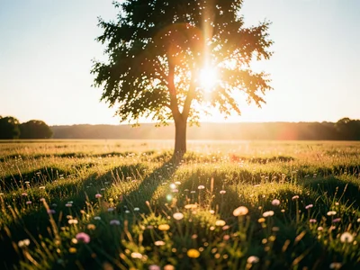 Meadow at golden hour, long shadows from single tree, wildflowers glowing