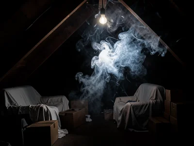 Attic space with draped furniture, single bare bulb, boxes and shadows