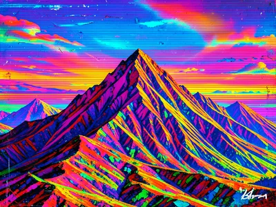 Mountain range with horizontal scan line displacement, vaporwave color palette