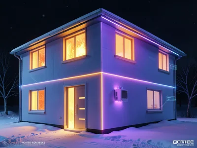 Thermal image of a house facade in winter showing heat loss — the windows glowin