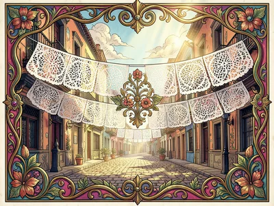 Papel picado (perforated paper banners) strung across a street, sunlight filteri