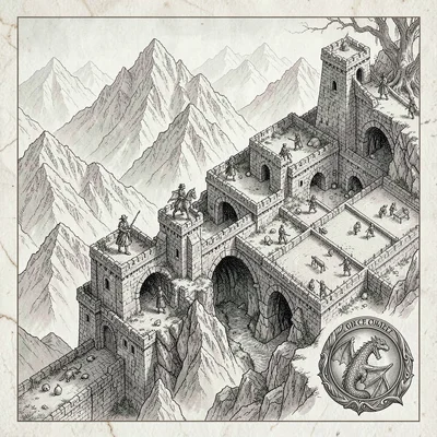A high-fantasy dragon-riders' aerie plan high in the mountains with eyrie ledges
