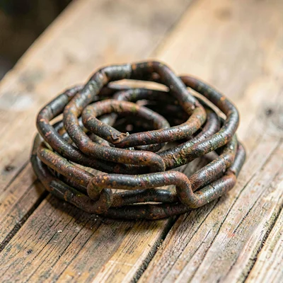 Mineral close-up of a coiled chain prop on a wood plank, oxidized links