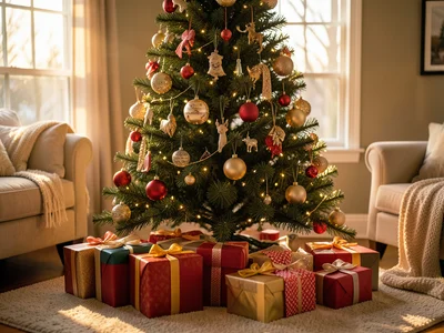 Wrapped presents under decorated Christmas tree, warm living room, morning light