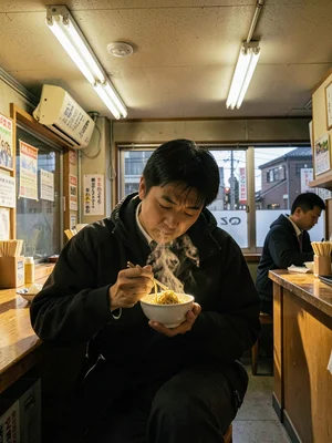 Office worker at standing noodle bar