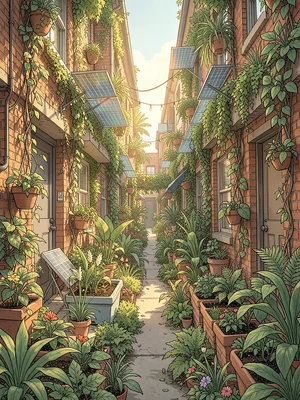 Street level view of an alley converted entirely into a planted community corrid