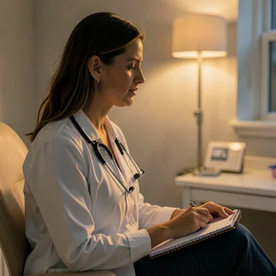 Lamplit profile of a fertility clinician with a notebook on the lap, eyes soft,