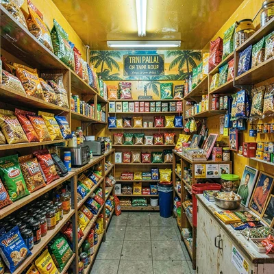 Vivid photograph with Trinidadian cultural fusion aesthetic, Interior of a Trini