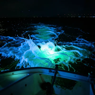 Boat propeller turbulence at night — churned water lit blue-green from below by 