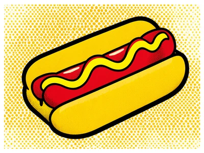 Hot dog in a bun, bright mustard yellow, flat red condiment, halftone ground